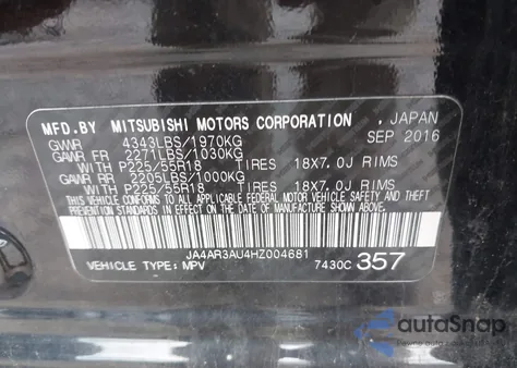 2017 Mitsubishi Outlander Sport 2.0 Es из США, поврежденный, VIN JA4AR3AU4HZ004681